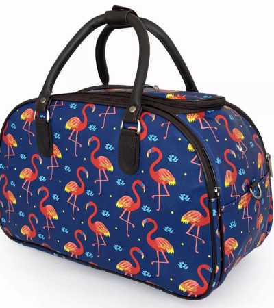 Large travel bag set with decorative flamingo pattern in Adriatic blue