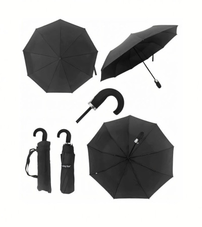 Automatikusan nyíló fém fogantyús összecsukható fekete esernyő