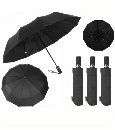 Automatic Metal Handle Tri-fold Black Umbrella